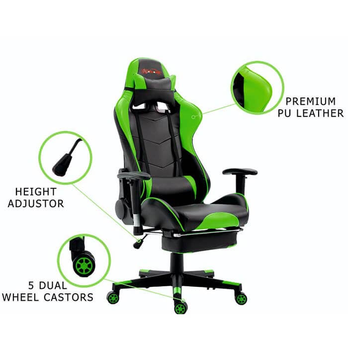 PU Leather Reclining Office Desk Gaming Chair With Footrest, Green