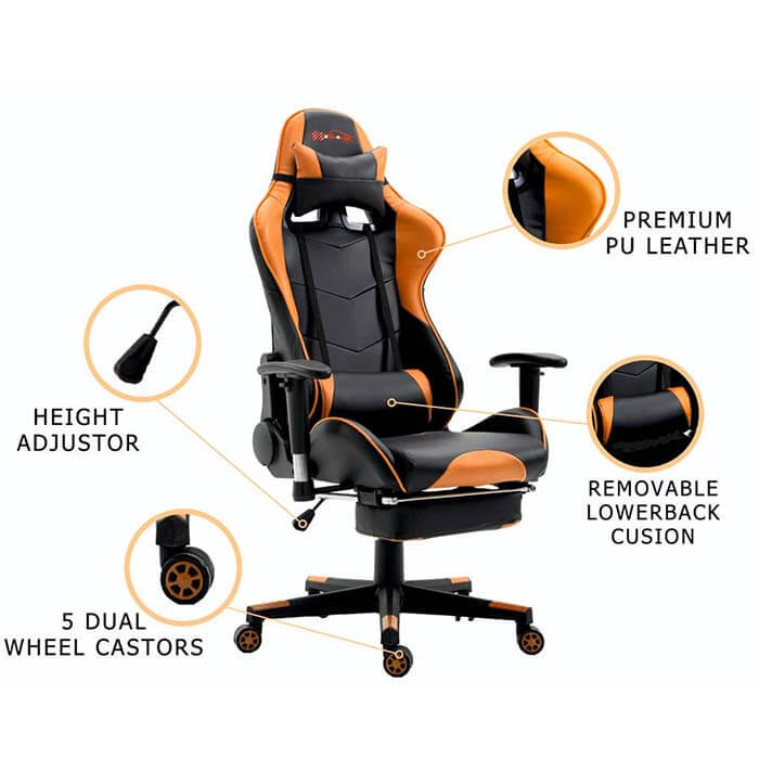 PU Leather Reclining Office Desk Gaming Chair With Footrest, Orange