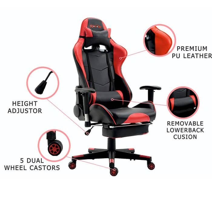 PU Leather Reclining Office Desk Gaming Chair With Footrest, Red